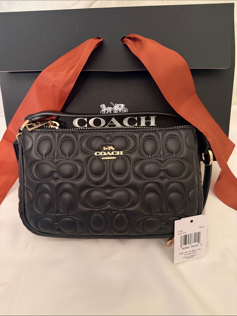 🖤💛Coach NWT Black Nolita 19 In Signature Embossed Leather With Gold Hardware - Picture 6 of 10